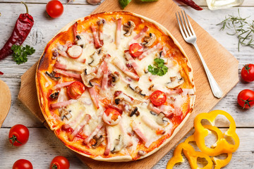 Top view of pizza ham