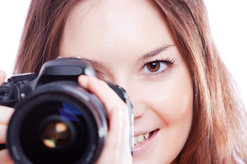 smiling woman with professional camera