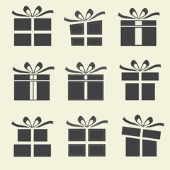 Gift boxes - 9 icons/ silhouettes of gift boxes.