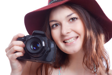smiling woman with professional camera