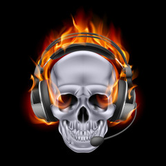 Fiery skull in headphones.