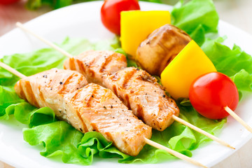 Grilled salmon and vegetable skewers