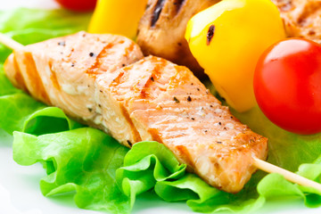 Grilled salmon and vegetable skewers