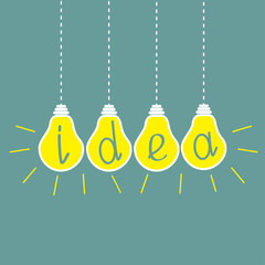 Four hanging yellow light bulbs. Idea concept.