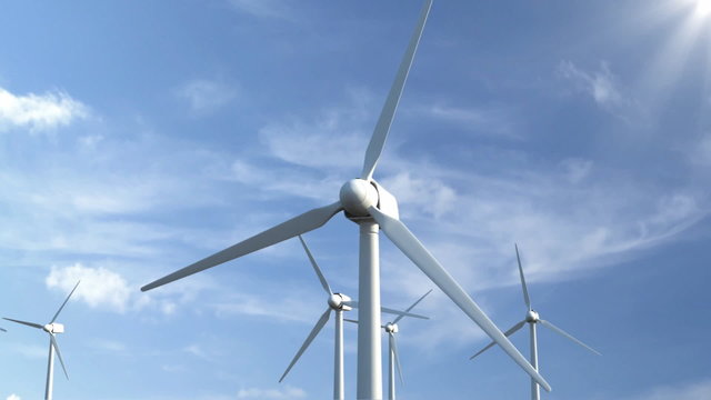 Animation of Modern Wind Turbines on beautiful clouds background