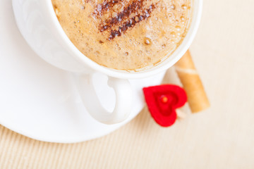 Coffee waffle roll with cream heart. Love valentine's day
