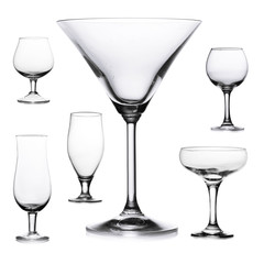 Collage of empty glasses isolated on white