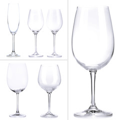 Collage of empty glasses isolated on white