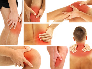 Collage representing man having pain at several part of body