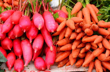 Fresh Carrots and Radishes in Street Market
