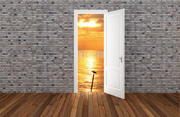 Landscape behind the opening door,3D