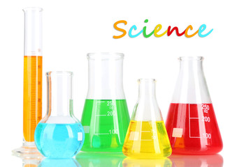 Test tubes with colorful liquids isolated on white