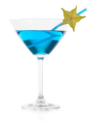 Blue cocktail in martini glass isolated on white