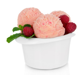 Tasty ice cream scoops in bowl, isolated on white