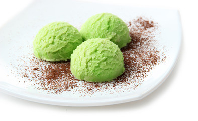 Delicious ice cream on plate isolated on white