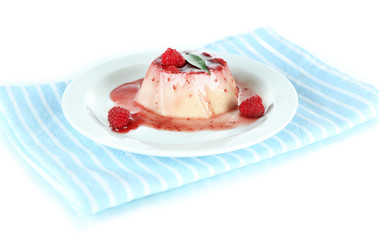 Panna Cotta with raspberry sauce, isolated on white