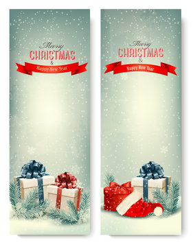 Two retro holiday banners with gift boxes and ribbons. Vector