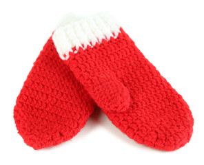 Red winter mittens isolated on whited