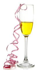 Glass of champagne and streamer after party isolated on white