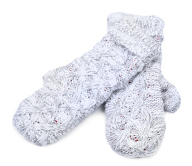 Woman knitted gloves, isolated on white