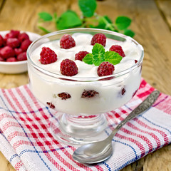 Yogurt thick with raspberries and mint on the board