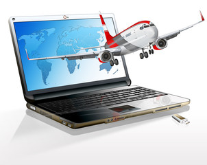 Laptop mit Flugzeug freigestellt