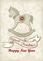 koń na biegunach świąteczna ilustracja z życzeniami - obrazy, fototapety, plakaty