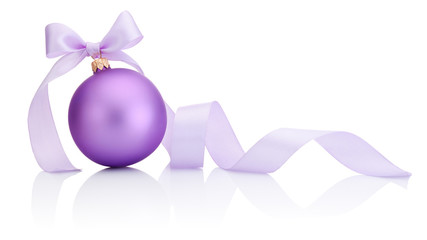 Purple Christmas Bauble with ribbon bow Isolated on white backgr