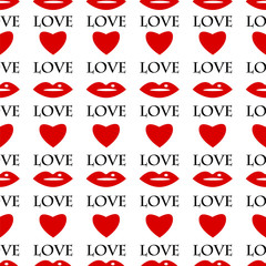 seamless pattern of red lips and hearts on a white background.ba