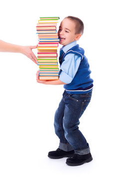 Little Boy Carrying Stacked Books