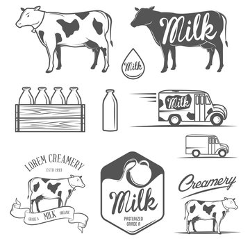 Set of milk and creamery labels, emblems and design elements