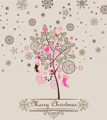 Christmas vintage greeting with cute tree