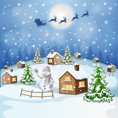 Winter landscape with Santa Claus's sleigh flying on the sky