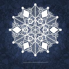 Ornamental winter hand-drawn lace snowflake. Doodle background.