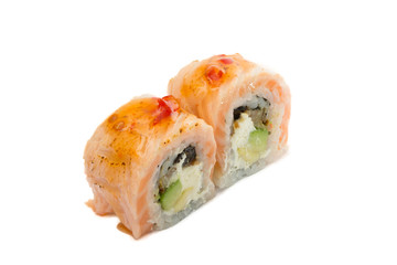 Sushi roll with salmon isolated on white background