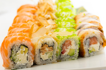 Sushi rolls on white plate