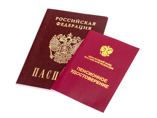 Russian Pension Certificate and Passport isolated on white backg