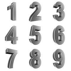 Number from 1 to 9 in chrome over white background