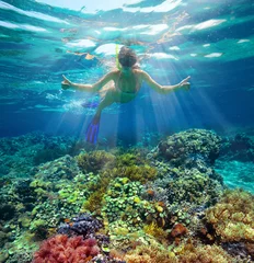 Rolgordijnen Underwater shot of a woman snorkeling in the sun © soft_light