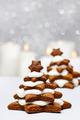Gingerbread christmas tree on wooden table. Beautiful xmas set