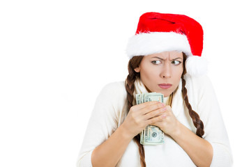 Miserly, greedy christmas woman possessive of her money