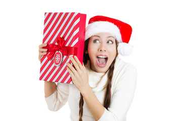 Beautiful santa girl holding new year gif