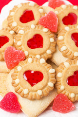 Assorted cookies and fruit jelly for Valentine's Day, vertical