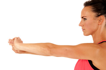 side view of attractive woman stretching arms out