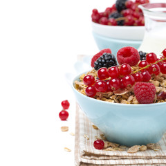 delicious homemade granola with fresh berries and milk, close-up