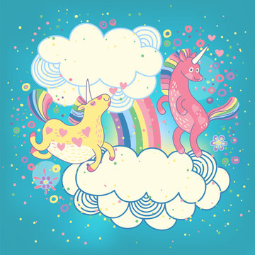 Card with a cute unicorns rainbow in the clouds.