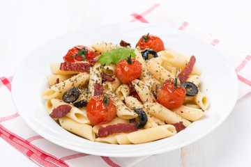 pasta with sausage, tomatoes and olives