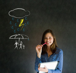 Woman mother thinking about insurance protecting chalk family