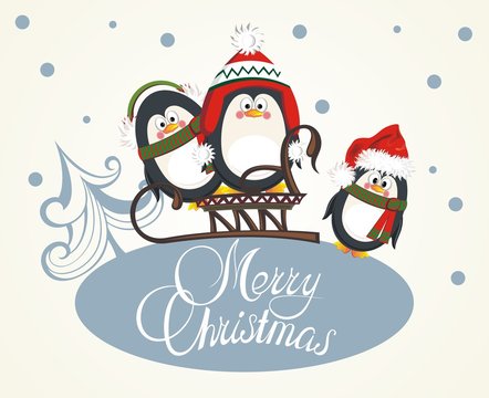 Merry Christmas card with penguins