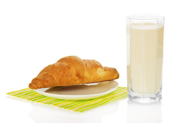 Glass of milk and croissant on a napkin